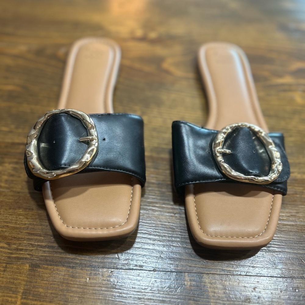 a new day Black and Tan Slide Sandals with Gold Buckles
